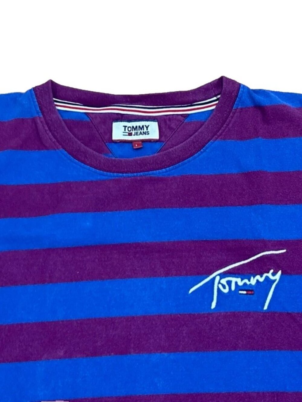 Vtg Tommy Jeans Mens Striped Short Sleeve T-Shirt Mens Blue Maroon Sz L